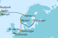 Southampton (Inglaterra), Zeebrugge (Bruselas), Ámsterdam (Holanda), Bergen (Noruega), Geiranger (Noruega), Aalesund (Noruega), Akureyri (Islandia), Ísafjörður (Islandia), Reykjavik (Islandia), Reykjavik (Islandia)