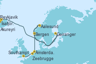 Reykjavik (Islandia), Ísafjörður (Islandia), Akureyri (Islandia), Geiranger (Noruega), Aalesund (Noruega), Bergen (Noruega), Ámsterdam (Holanda), Zeebrugge (Bruselas), Southampton (Inglaterra)