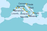 Barcelona, Marsella (Francia), Cannes (Francia), Livorno, Pisa y Florencia (Italia), Civitavecchia (Roma), Nápoles (Italia), Messina (Sicilia), Corfú (Grecia), Split (Croacia), Trieste (Italia)