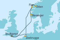 Southampton (Inglaterra), Stavanger (Noruega), Olden (Noruega), Flam (Noruega), Zeebrugge (Bruselas), Southampton (Inglaterra)