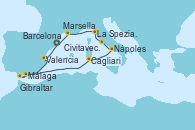Barcelona, Valencia, Málaga, Gibraltar (Inglaterra), Cagliari (Cerdeña), Nápoles (Italia), Civitavecchia (Roma), La Spezia, Florencia y Pisa (Italia), Marsella (Francia), Barcelona