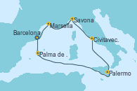 Barcelona, Palma de Mallorca (España), Palermo (Italia), Civitavecchia (Roma), Savona (Italia), Marsella (Francia), Barcelona