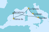 Barcelona, Palma de Mallorca (España), La Spezia, Florencia y Pisa (Italia), Civitavecchia (Roma), Nápoles (Italia), Barcelona