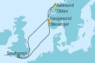 Southampton (Inglaterra), Stavanger (Noruega), Aalesund (Noruega), Olden (Noruega), Haugesund (Noruega), Southampton (Inglaterra)