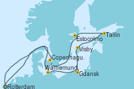 Rotterdam (Holanda), Warnemunde (Alemania), Gdansk (Polonia), Visby (Suecia), Tallin (Estonia), Estocolmo (Suecia), Copenhague (Dinamarca), Copenhague (Dinamarca), Rotterdam (Holanda)