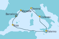 Barcelona, Ibiza (España), Palermo (Italia), Civitavecchia (Roma), Savona (Italia), Marsella (Francia), Barcelona
